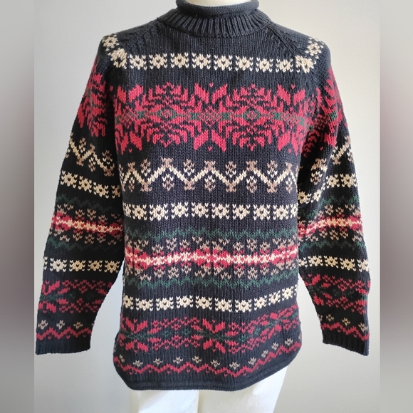 Eddie Bauer Cotton Fair Isle Knit Roll Neck Sweater Black Red Classic Size Small - Picture 3 of 14